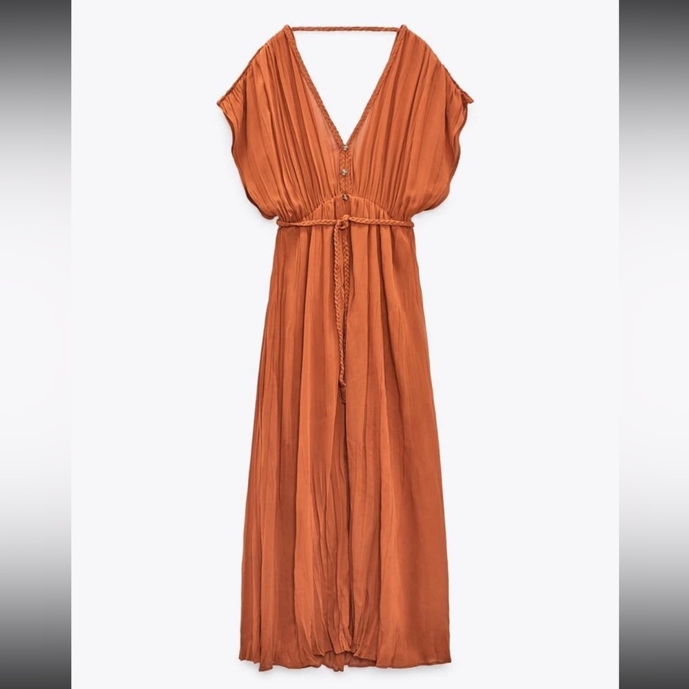 NWT ZARA BELTED RUSTIC DRESS CARAMEL/orange - REF 9878/222 XS